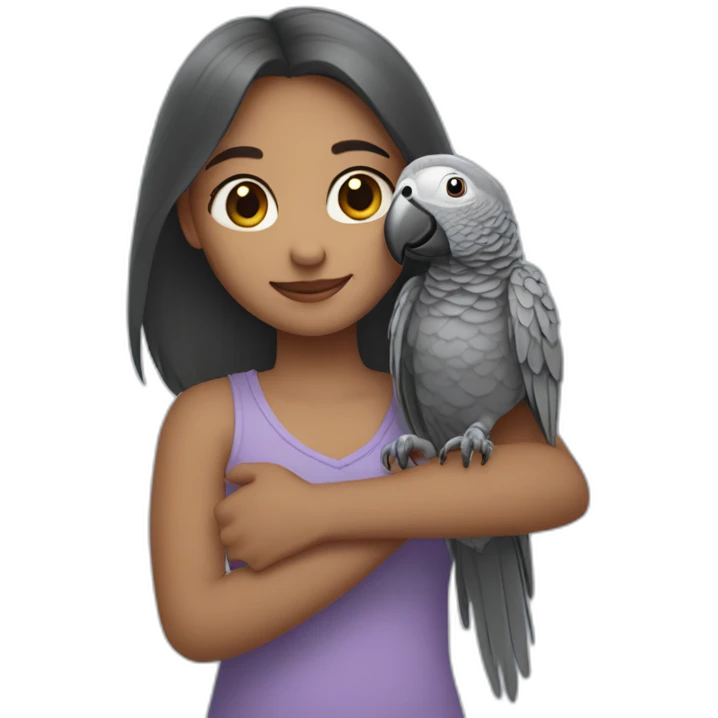 Girl hugging an African grey parrot emoji
