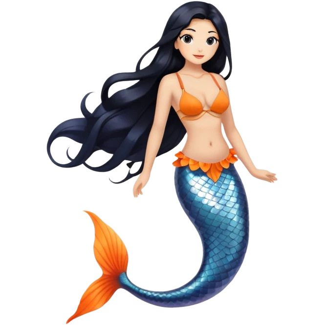 mermaid, long black hair tanned woman, koi white and orange  fish tail,  white shell bra. full body emoji