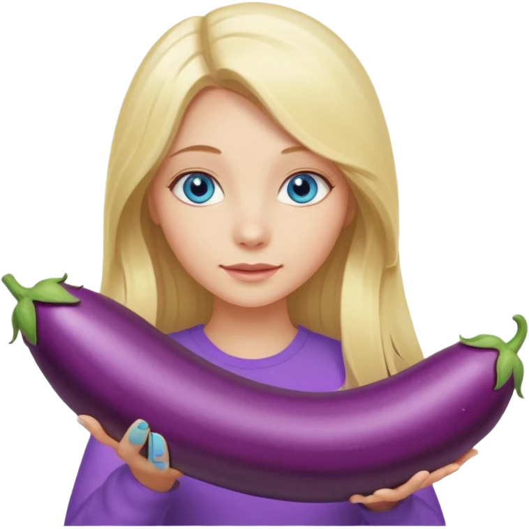 Girl, long blond hair, blue eyes, holding a long eggplant with both hands emoji
