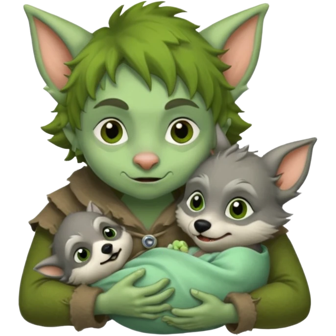 A little goblin nursing a baby wolf emoji