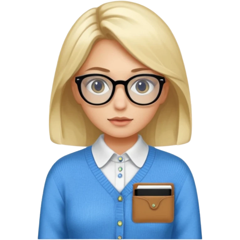 ragazza bionda vestita con camicia e maglione, con occhiali, occhi azzurri che è seduta al pc portatile emoji