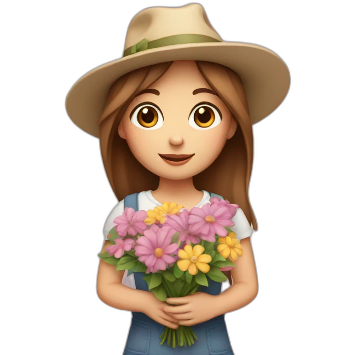 white skin, Girl with a hat, brown hair straight to the shoulders, holding a bouquet of flowers emoji