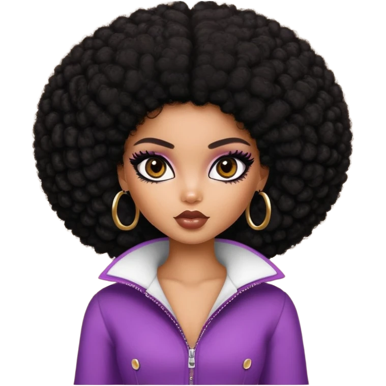 pretty bratz girl, dark black big afro, dark brown eyes, y2k fashion, black eyeliner, deep brown skin emoji