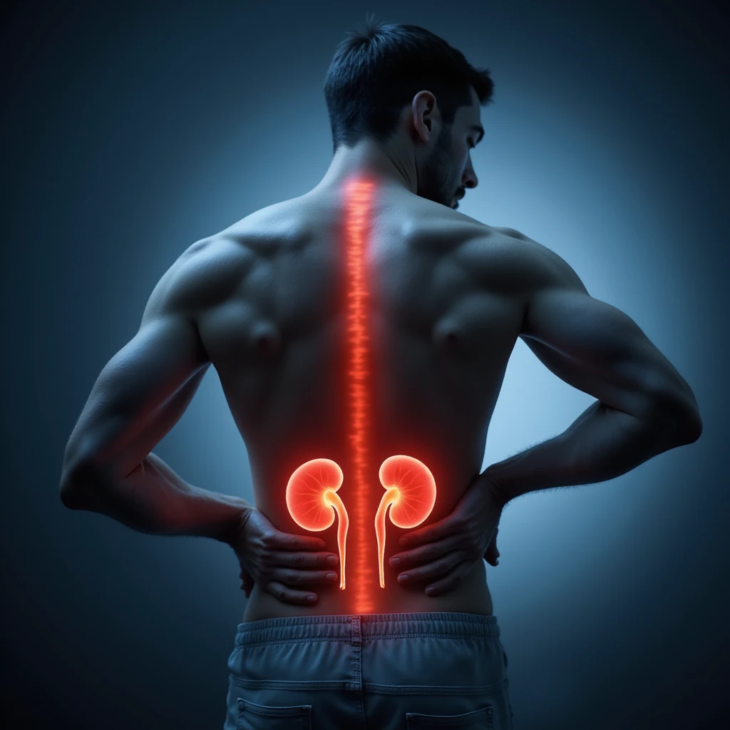 realistic man with hand on lower back, kidneys shown in red, inflamed overlay, painful expression, clinical setting, cool lighting, semi-realistic, 4K emoji