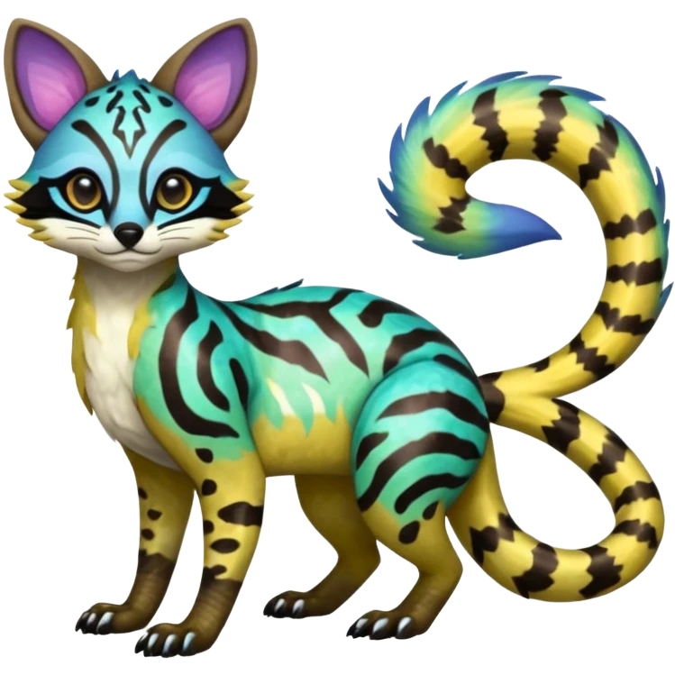 Rare realistic neon-colored iridescent shiny warm-colored lush tropical exotic cute epic pretty beautiful handsome gorgeous aesthetic colorful vibrant Vernid-Protogen-Primagen-Wickerbeast-Genet-Trico-species-Fakemon-hybrid-creature by LiLaiRa, beautiful intricate markings, full body emoji