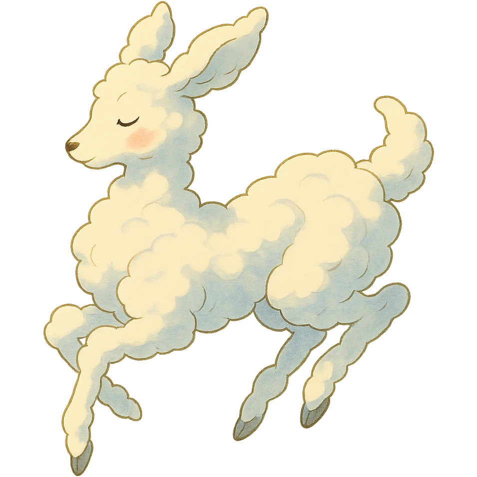 vanilla cloud doe with rosy cheeks, floating gracefully with witch-like elegance, Ghibli style emoji