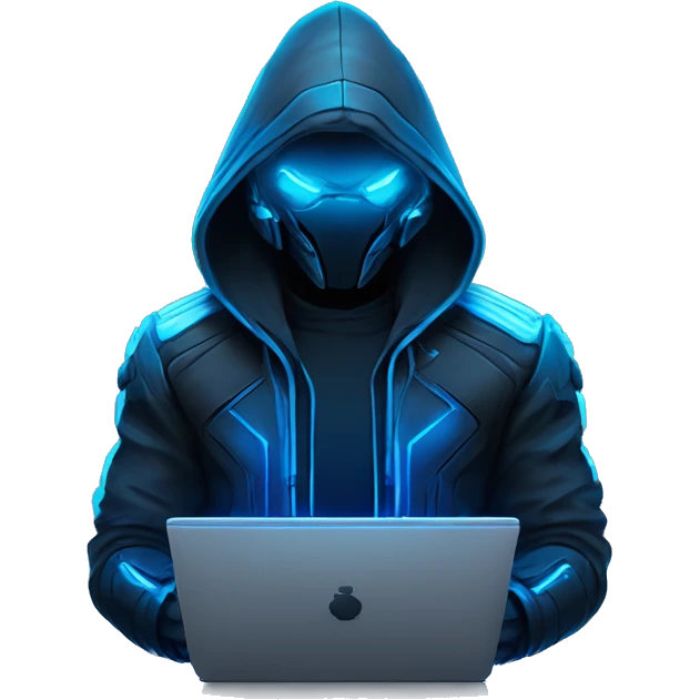 developer behind his laptop with this style : crysis Cyberpunk Riot Games Valorant neon glowing bright blue character blue black hooded assassin themed character emoji
