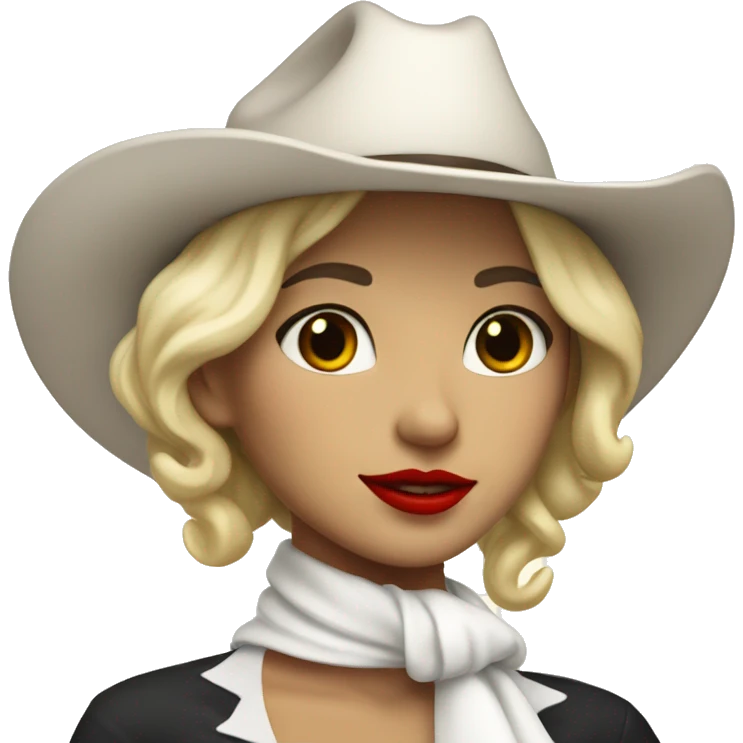 cowgirl with a white hat and white ASCOT scarf and blonde short hair with red lipstick emoji