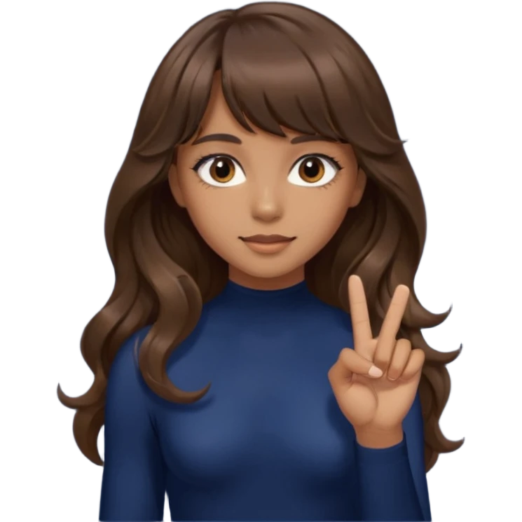 Uzun kahverengi dalgalı saçlı kahverengi gözlü esmer perçemli üzerinde lacivert parmak detaylı body olan bir kız yap saçları kabarık olmasın emoji