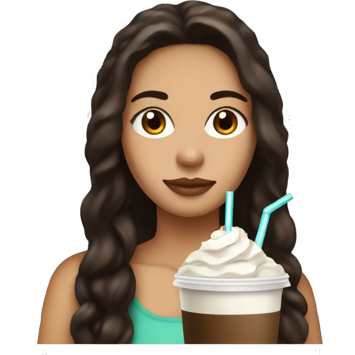 Girl with dark brown hair drink Frappuccino espresso with coconut milk, ice without cream emoji