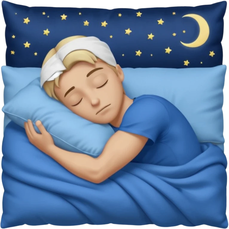 A young muscular male with short dark-blonde hair and medium-light skin, wearing blue cloth. He sleeps on his side, holding a soft white pillow, his head on a smooth blue pillow. A sleeping symbol floats above him in the dark, nighttime scene. A flowing blue blanket with silky folds covers him. emoji