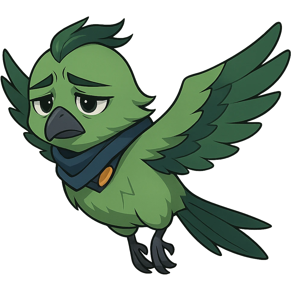 anime style green bird inspired by Valorant agent Falko, flying and looking sad emoji