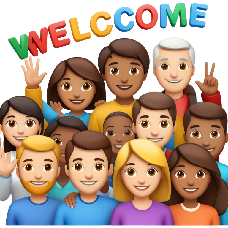generate realistic detailed group of people with text welcome 3d style emoji