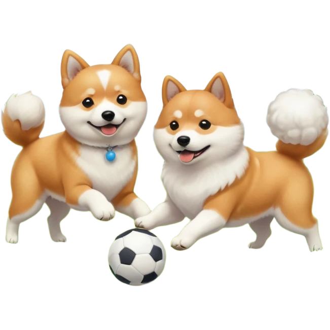 2 dogs, one ginger shiba inu and one white coton de tulear, playing with a ball in a sunny garden emoji