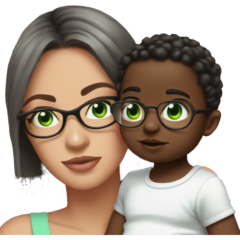 Black not that long straight hair with green eyes and glasses, big lips european girl holding one year old green eyes white baby son emoji