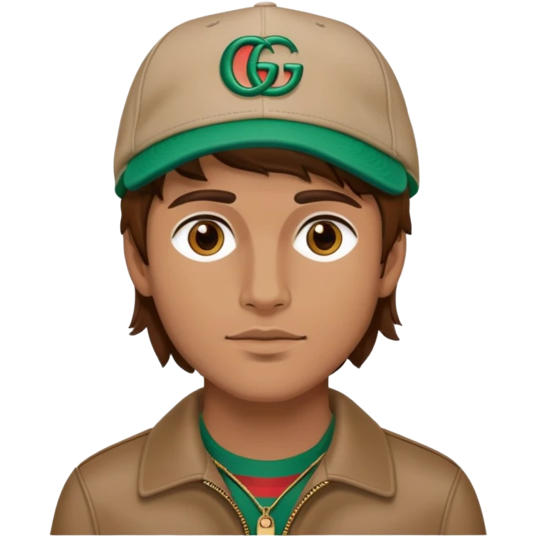 man with medium-length brown hair, wearing a Gucci cap emoji