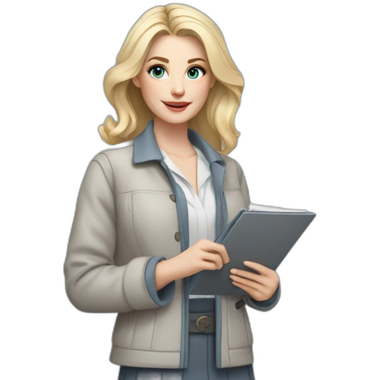 pale skin woman interior designer with cold blonde middle length hair, blue eyes, White blouse, Gray oversize jacket, Gray skirt holding a color palette in the hands emoji