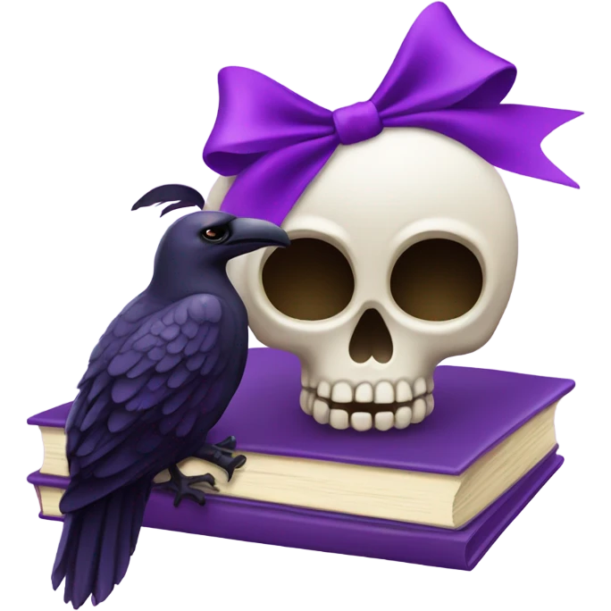 Skull with purple bow and a purple raven with purple books emoji