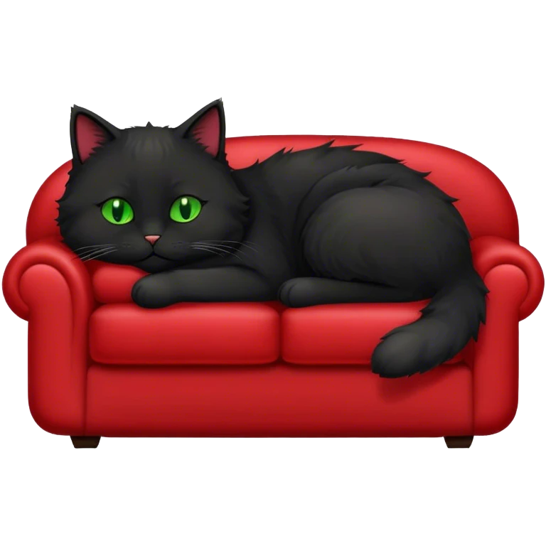 black floofy cat sleeping on the back of a red couch emoji