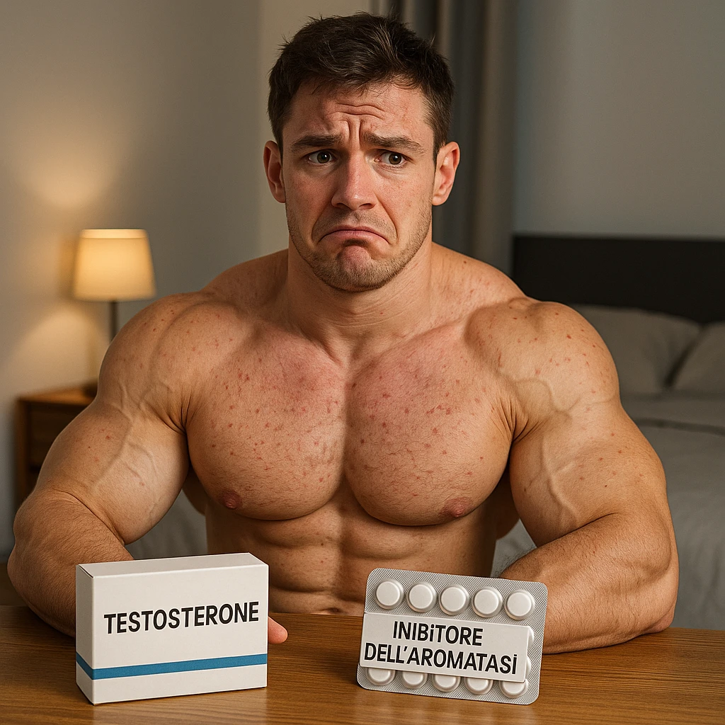 muscular young man with a box labeled 'Testosterone' and a package labeled 'Inibitore dell'aromatasi' on table, all text in Italian, uncertain expression, swollen muscles but marked skin, bedroom background, 4K quality emoji