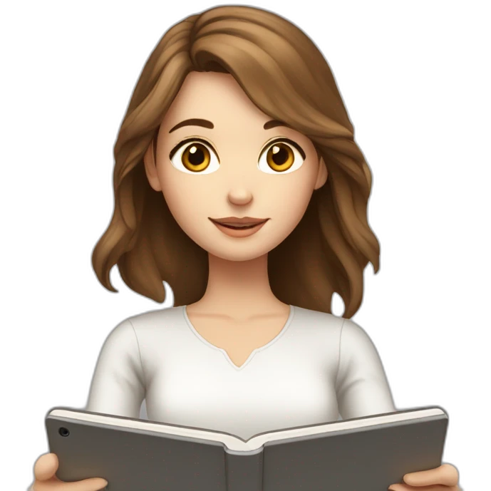 white pretty girl with  brown hair is studying on a tablet emoji