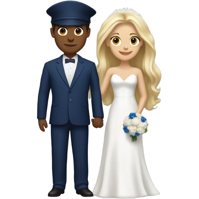 Puerto rican beard short hair with blue hat and navy blue suit getting Married with blond long hair girl with white  wedding dress  emoji