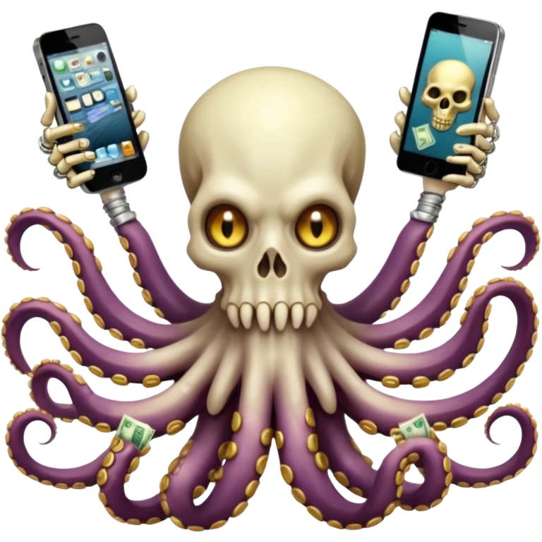 satanic octopus skeleton. Evil looking eyes, wearing a gold necklace. 2 tentacles are holding their own cellphones with one held up to its ear, 2 other tentacles are holding stacks of money emoji