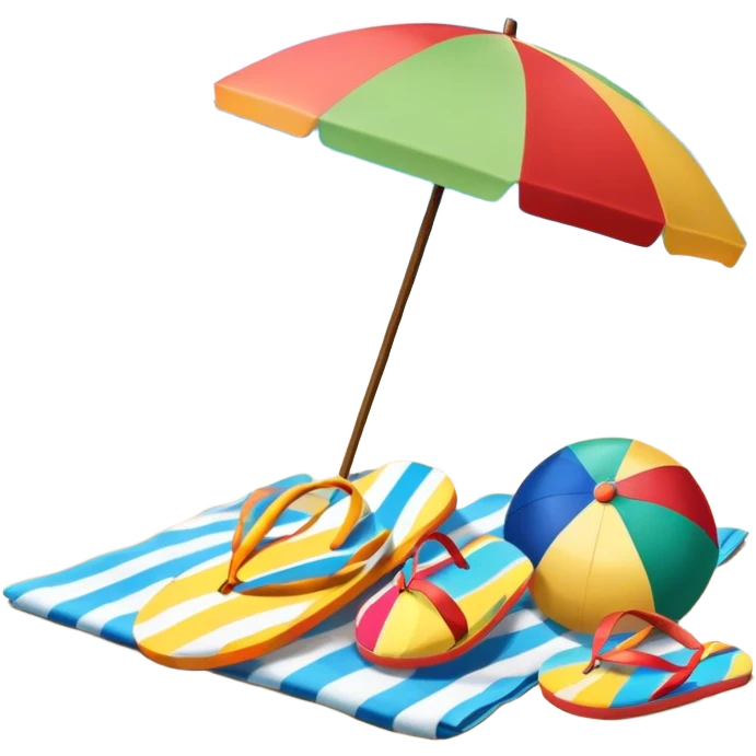 Icon for Beach Tourism: a sandy beach with a beach umbrella, with the ocean landscape in the background, flip-flops, a towel and a beach ball. The icon should capture the relaxation and fun of beach vacations. Transparent background. emoji