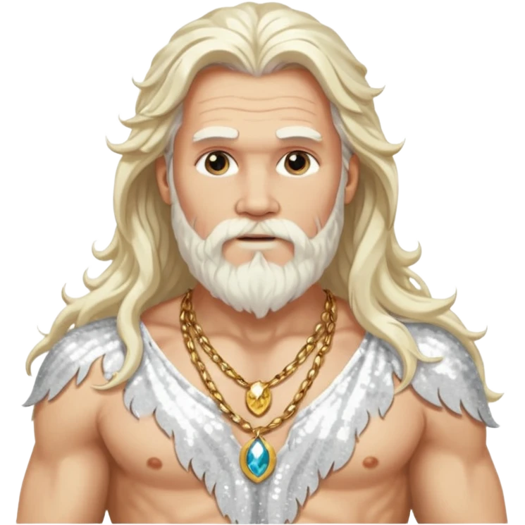 Odin from Norse Gods with long white wavy hair and beard, white sequin loincloth, shirtless with necklace emoji