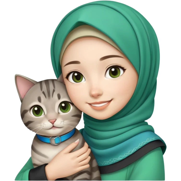 Asian White girl wearing cute green hijab holding a black grey tabby cat while smiling. The cat is wearing a blue collar emoji