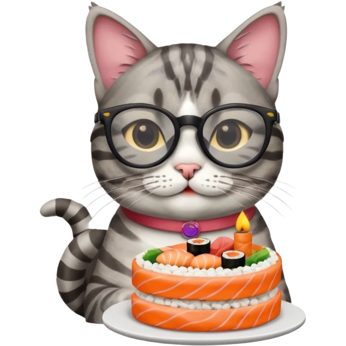 cat with cool glasses eating a birthday cake made out of sushi emoji