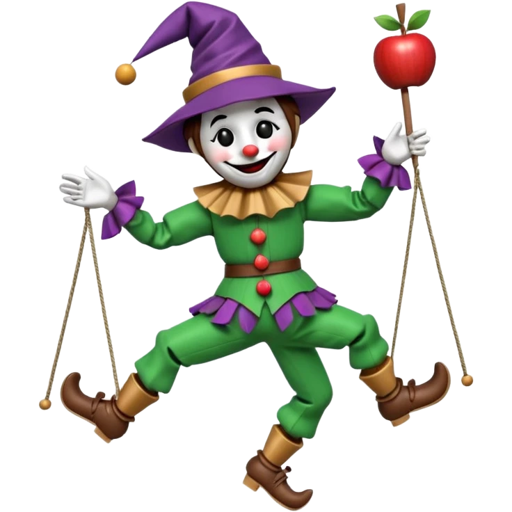 3D render of Jester Puppet as a wooden marionette puppet, Floppy hat, strings on hat, silver metal screw joints at elbows and knees, polished brown wood texture, rigid toy pose, Apple emoji style, isolated on white background --v 6.0. emoji