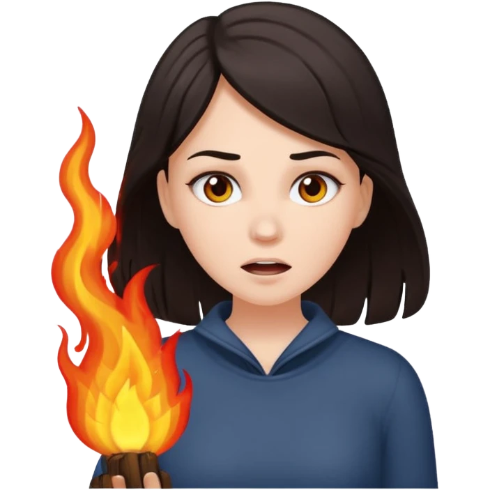 White girl with dark hair breathing out fire emoji