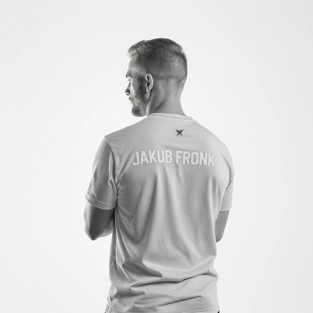 Csgo pro player profile proffesional photo, low key light back light, man standing crossed hands with tshirt with text "Jakub Fronk" emoji