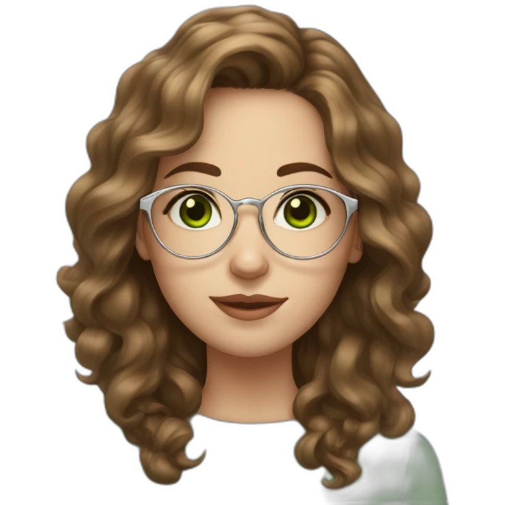 Pale young woman, brown wavy hair, green eyes, big silver sight glasses, big nose. emoji