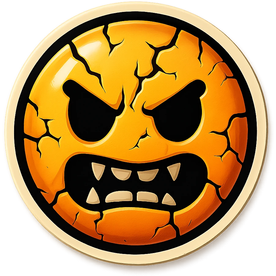 scary emoji with cracks and chips, retro stickers style, sharp black outlines, clear shadows and highlights, no gradients emoji