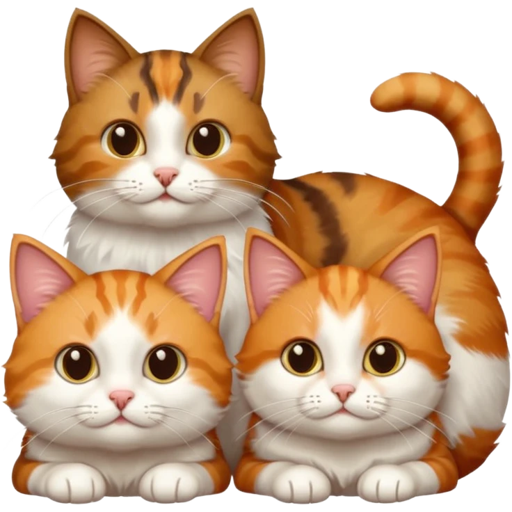 3 cats different colours including brown tabby and white, light patchy calico, and ginger and white emoji