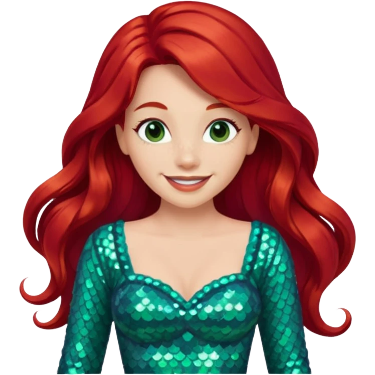 Ariel from Disney Princess with long red hair, sea green sequin outfit emoji