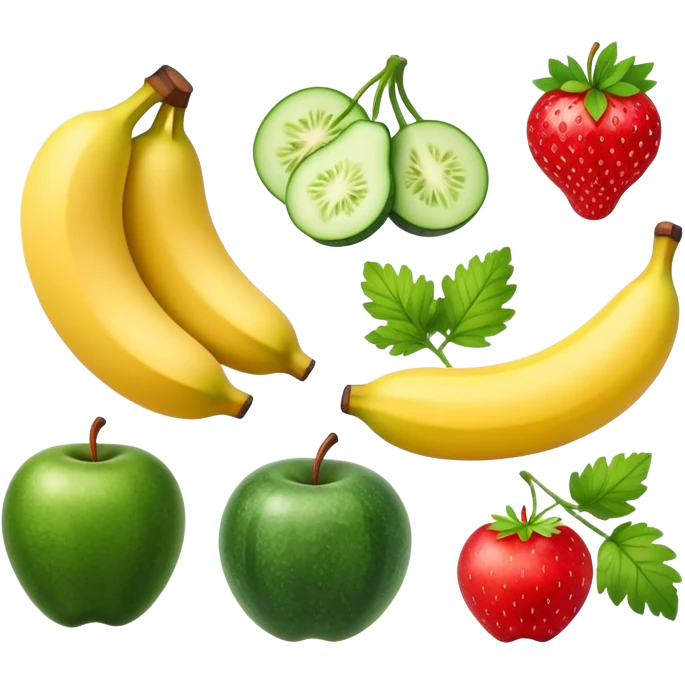 Group of fruits: banana, pear, cucumber, strawberry, red apple and parsley. Apple emojis style. emoji