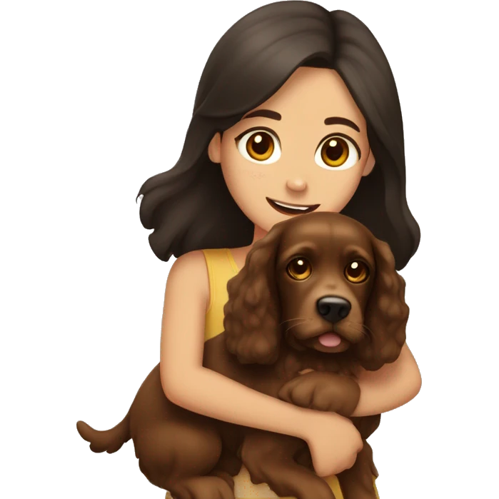 A girl with dark hair and light eyes hugs a brown spaniel emoji