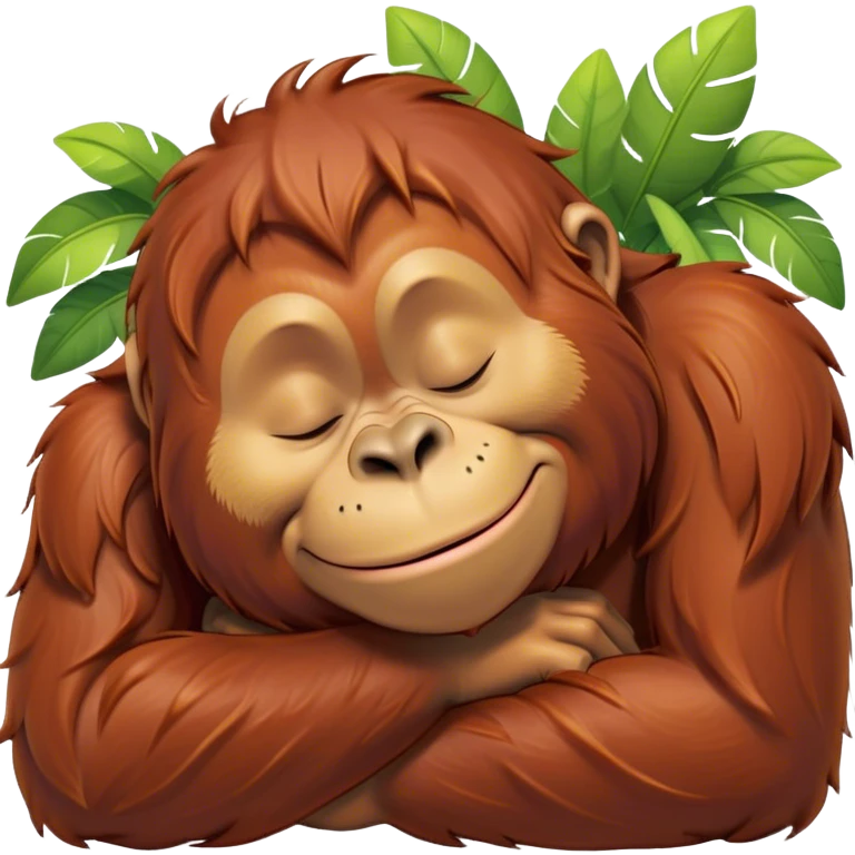 Meme-Worthy cute Sleeping Orangutan Portrait Emoji, Head resting peacefully with a contented smile, showcasing luxuriously soft fur and eyes gently closed in serene slumber, Simplified yet comically adorable features, highly detailed, glowing with a soft, drowsy jungle light, high shine, relaxed and utterly lovable, stylized with an air of playful laziness, bright and heartwarming, soft glowing outline, capturing the essence of a sleeping orangutan that feels destined to become the next viral icon of adorable rest! emoji