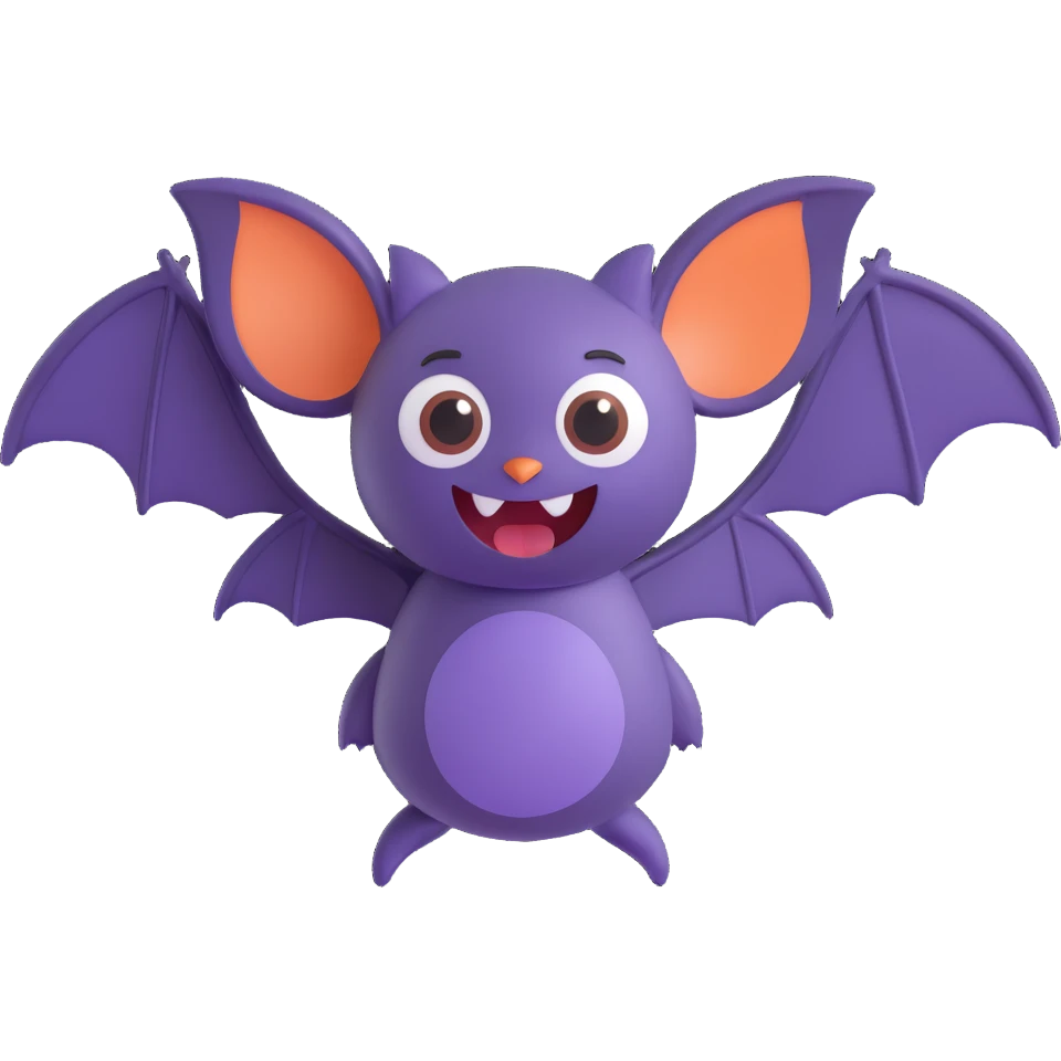 3D emoji style bat, wings spread, cute expression emoji