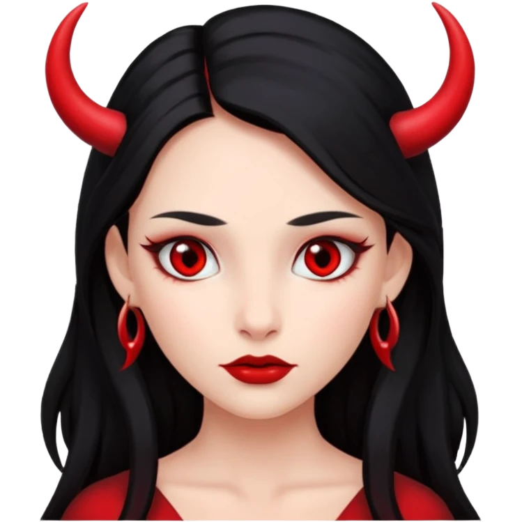 лицо девушки с скулами, с красной кожей, длинные черные волосы, небольшие красные рожки и красные глаза emoji