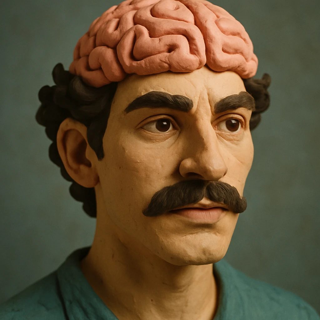 Enhance the claymation man wearing a brain by adding more depth and dimension to the image. Make him more attractive, inspired by the first version, with dark curly hair, thick mustache, light skin, claymation style, visible fingerprints, and pastel colors. emoji