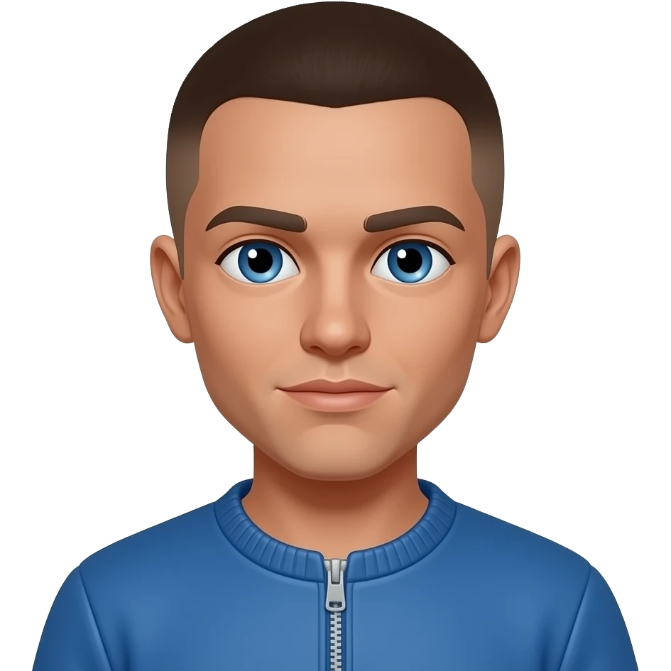 BW - young man, blue eyes, early 20s, light brown skin fade very short on top hair, blue jumper emoji
