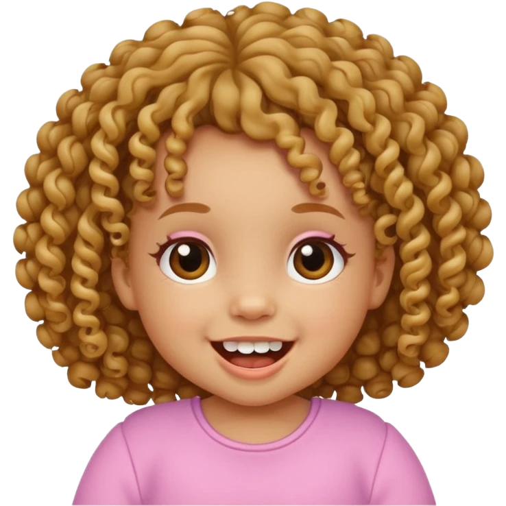 baby girl emoji, curly hair, two upper and lower teeth, cheerful expression emoji