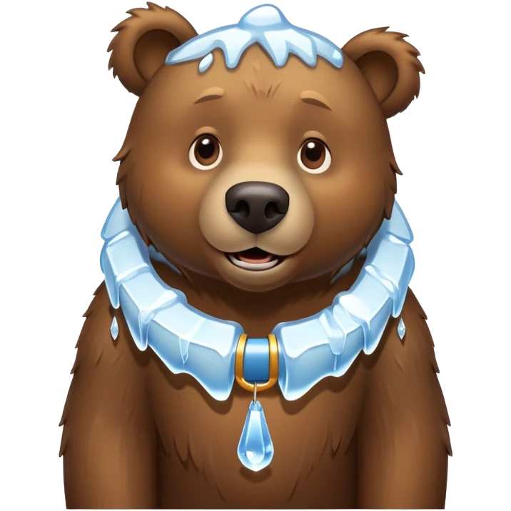 Realistic brown bear on all four legs with a large ice collar around its neck, shaped like a dog collar, with icicles hanging down from it, minimalist emoji style emoji