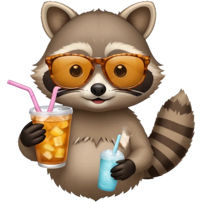 Raccoon with iced tea and cute sunglasses  emoji