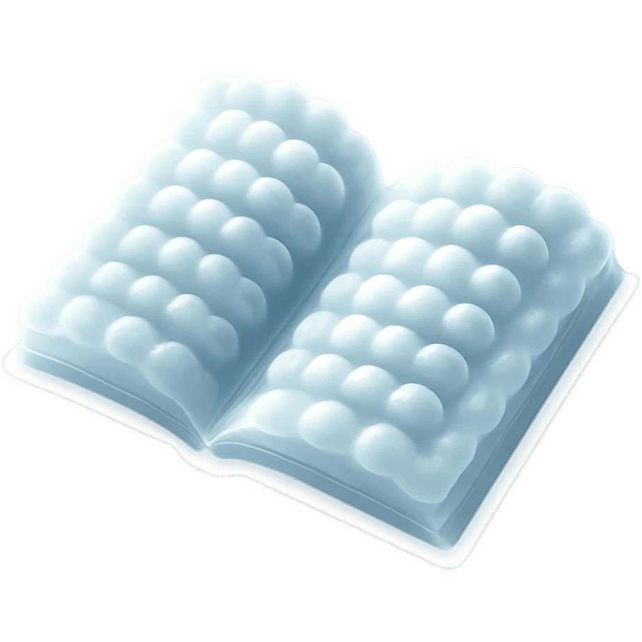 thick open book top view, fully made of small very bright white fluffy convex clouds, matte glass style, no background emoji