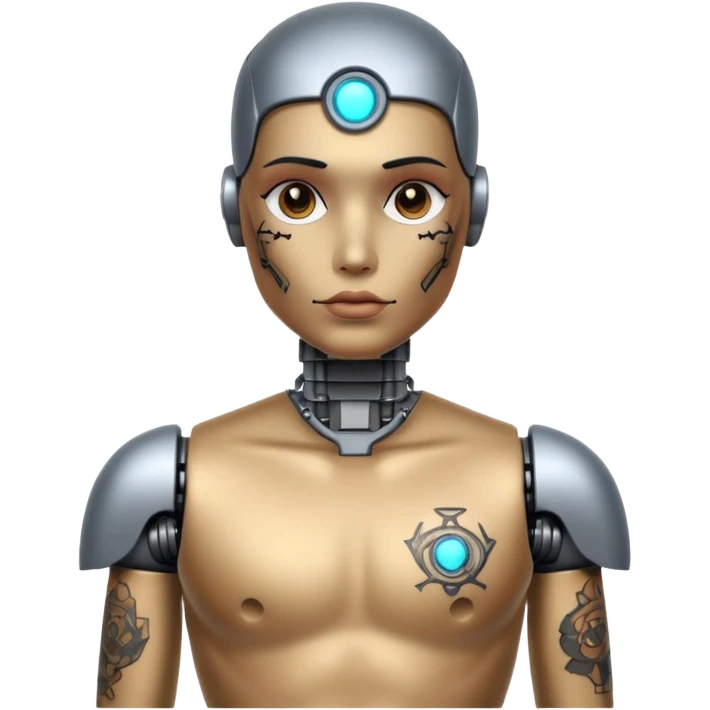 Tatooed robot, tatooes on chest and face emoji
